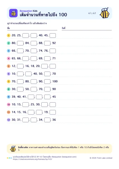 ตัวอย่างใบงาน เติมจำนวนที่หายไปถึง 100